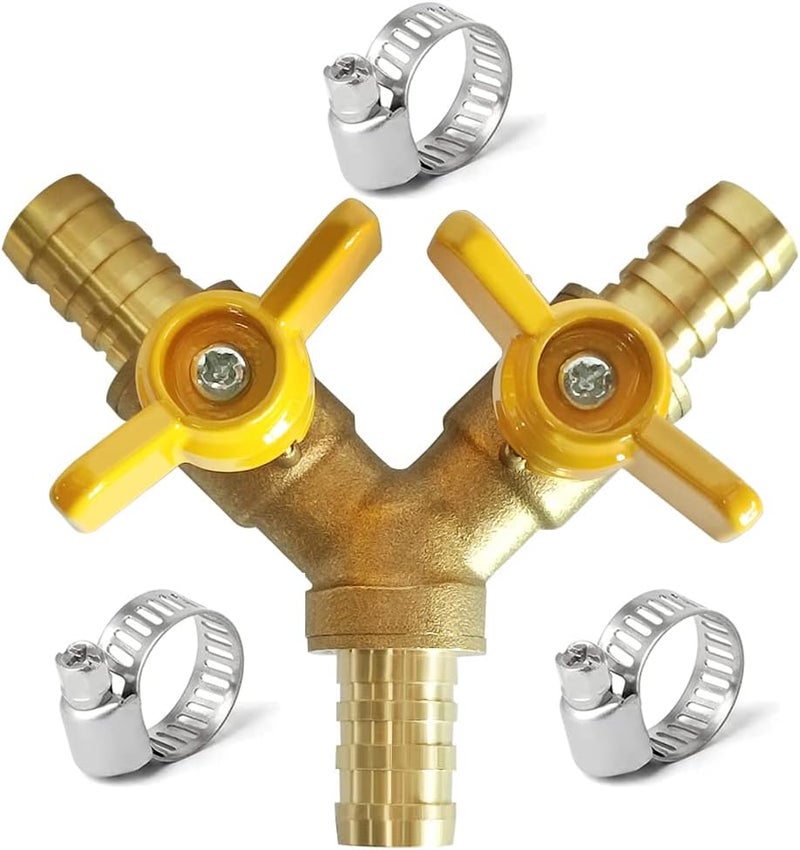Uenede Brass 5/8 Inch 3-way Y-shaped Shut-off Ball Valve with 2-switch 5/8" Hose Barb Include 3 Stainless Steel Clamps Hose Pipe Barb Fitting for Water/Oil/Gas - Image 1